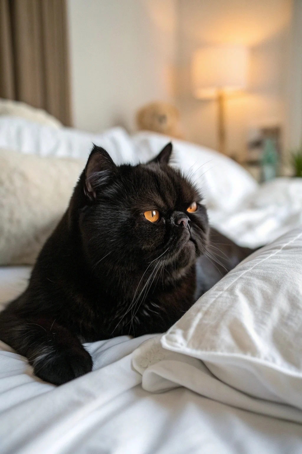 Black Exotic Shorthair cat curled up on a cozy sofa, resembling a plush toy with its short snout.