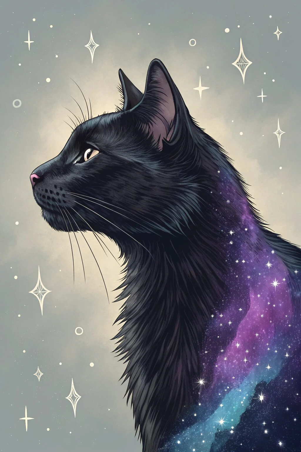 Sleek black cat with shimmering galaxy fur and silver-blue cosmic background.
