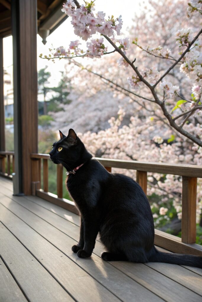 Black Japanese Bobtail cat walking gracefully on tatami mats, its pom-pom tail clearly visible.