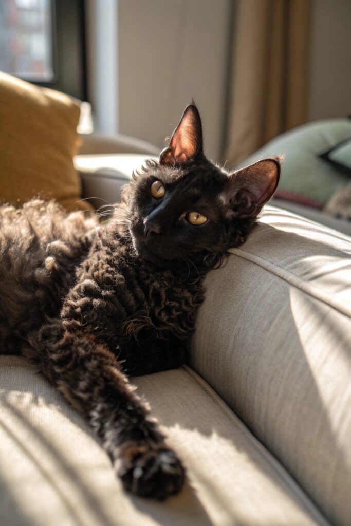 Black LaPerm cat with curly fur sitting on a rustic table, looking curious and alert.