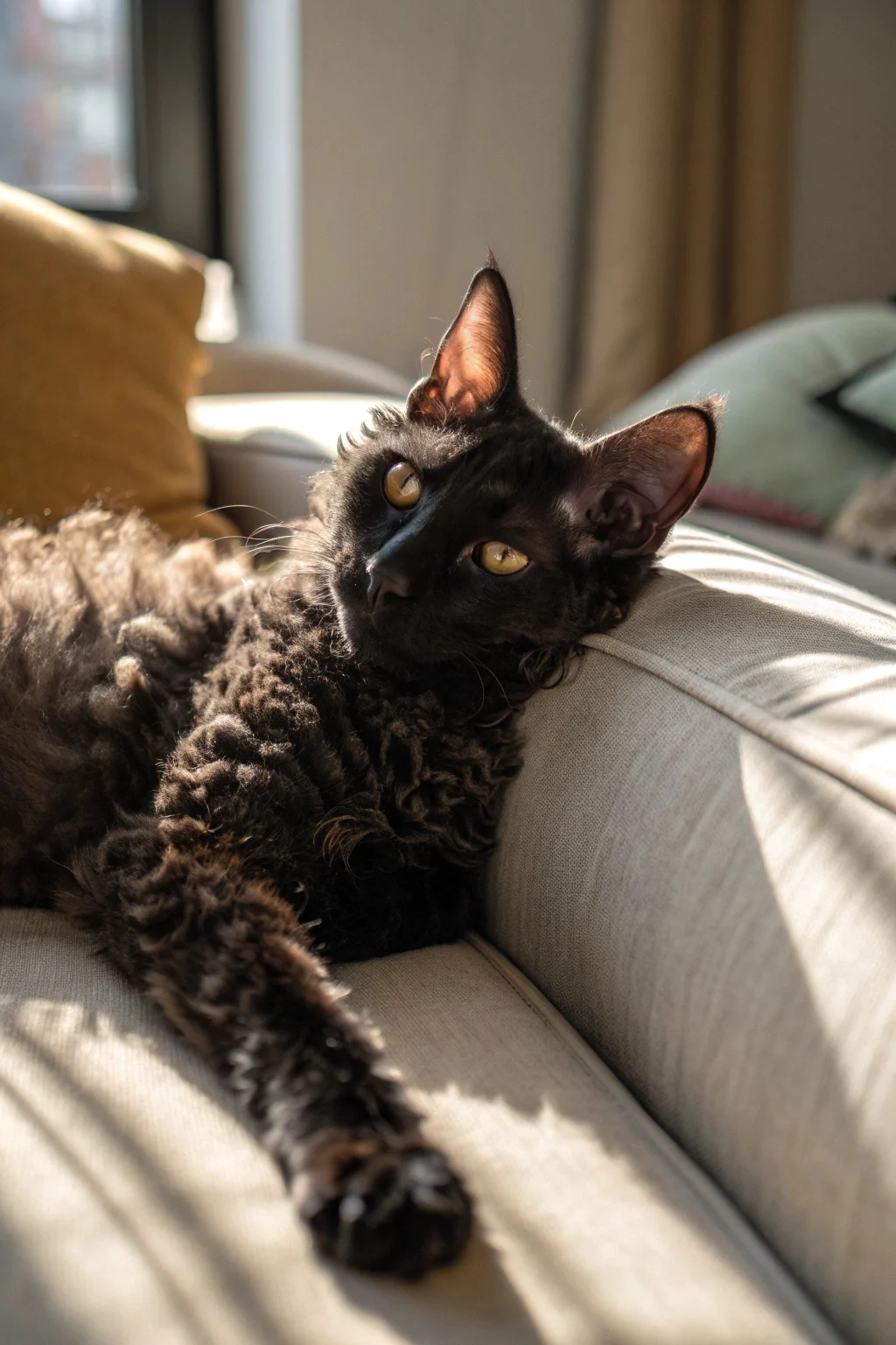 Black LaPerm cat with curly fur sitting on a rustic table, looking curious and alert.