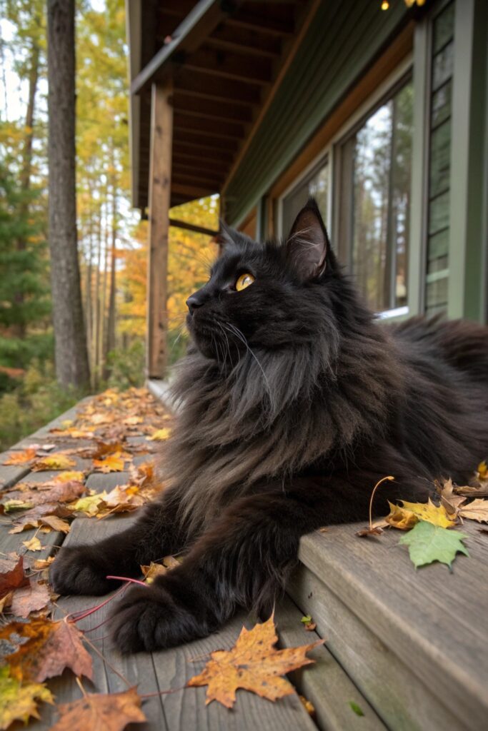 Large black Maine Coon cat sitting proudly outdoors, its bushy tail and mane catching the light.