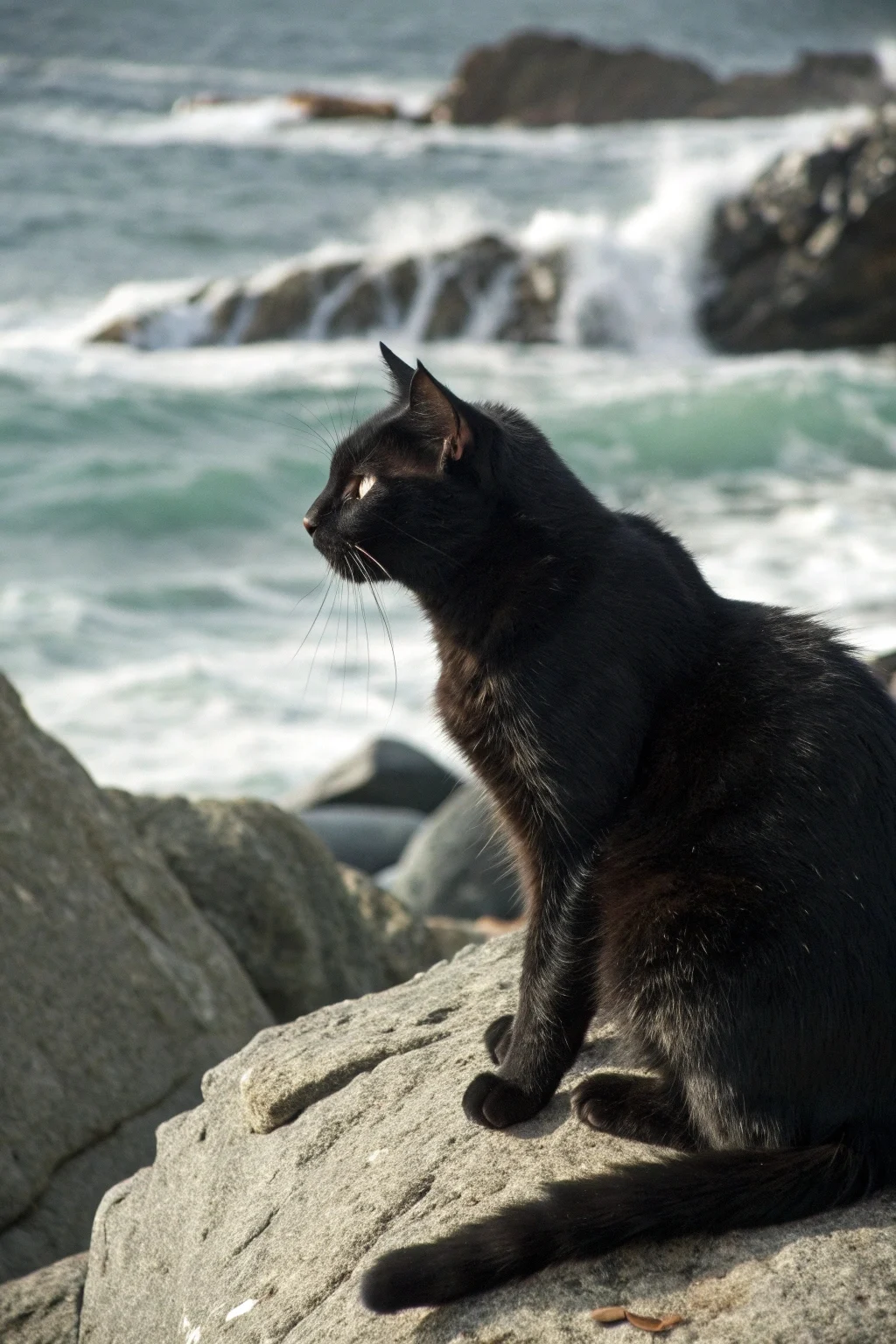 Tailless black Manx cat resting in a garden, its round body and playful eyes reflecting friendliness.