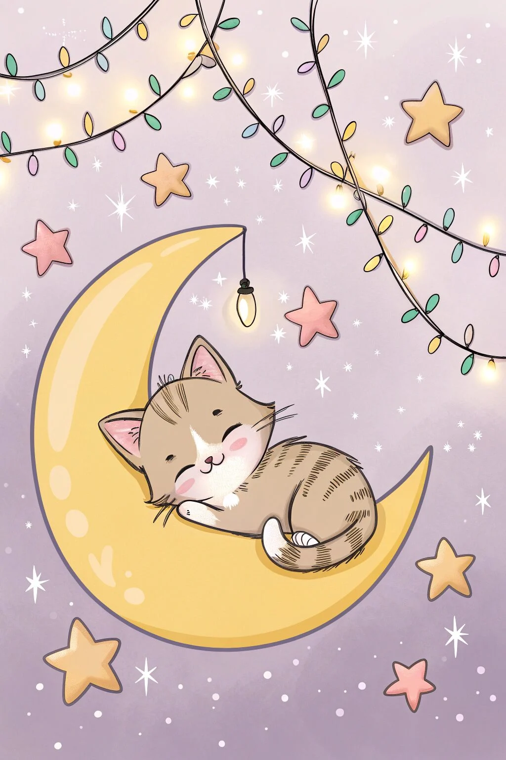 Cute kitten curled on crescent moon pillow with fairy lights and cozy pastel fantasy decor.