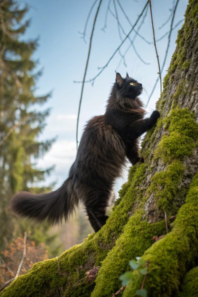Black Norwegian Forest Cat climbing a mossy rock, its dense coat glowing under natural sunlight.