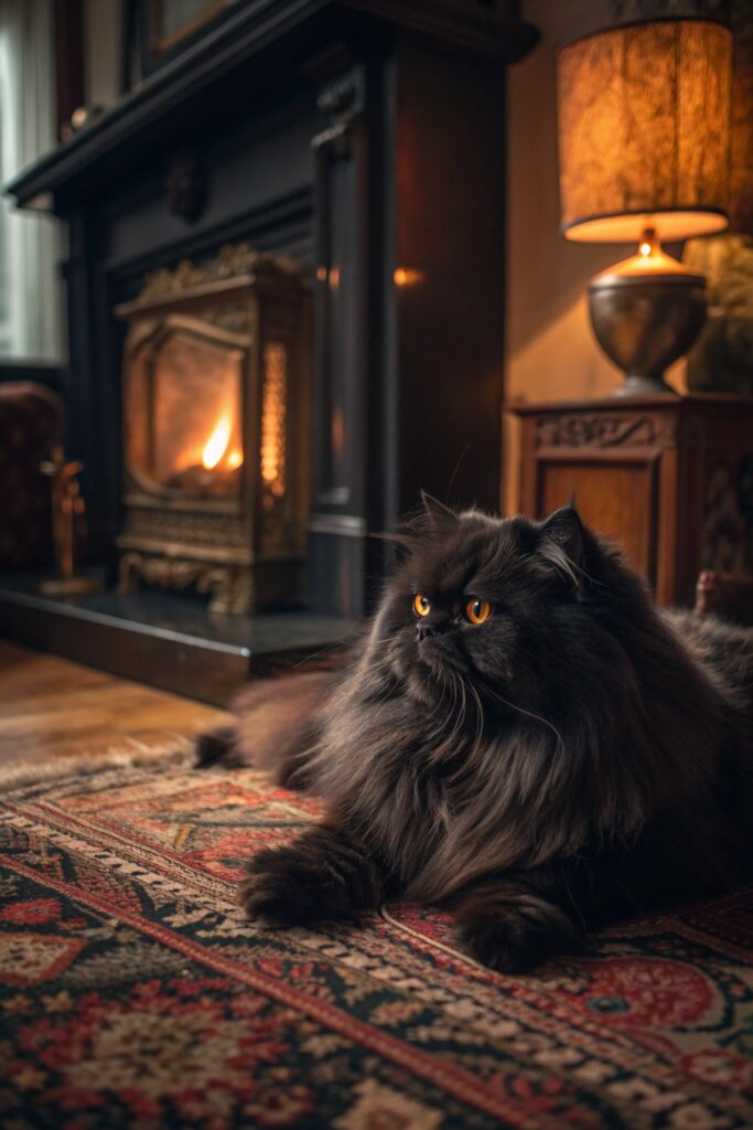 Fluffy black Persian cat sitting elegantly on a velvet chair, showing off its long luxurious fur.