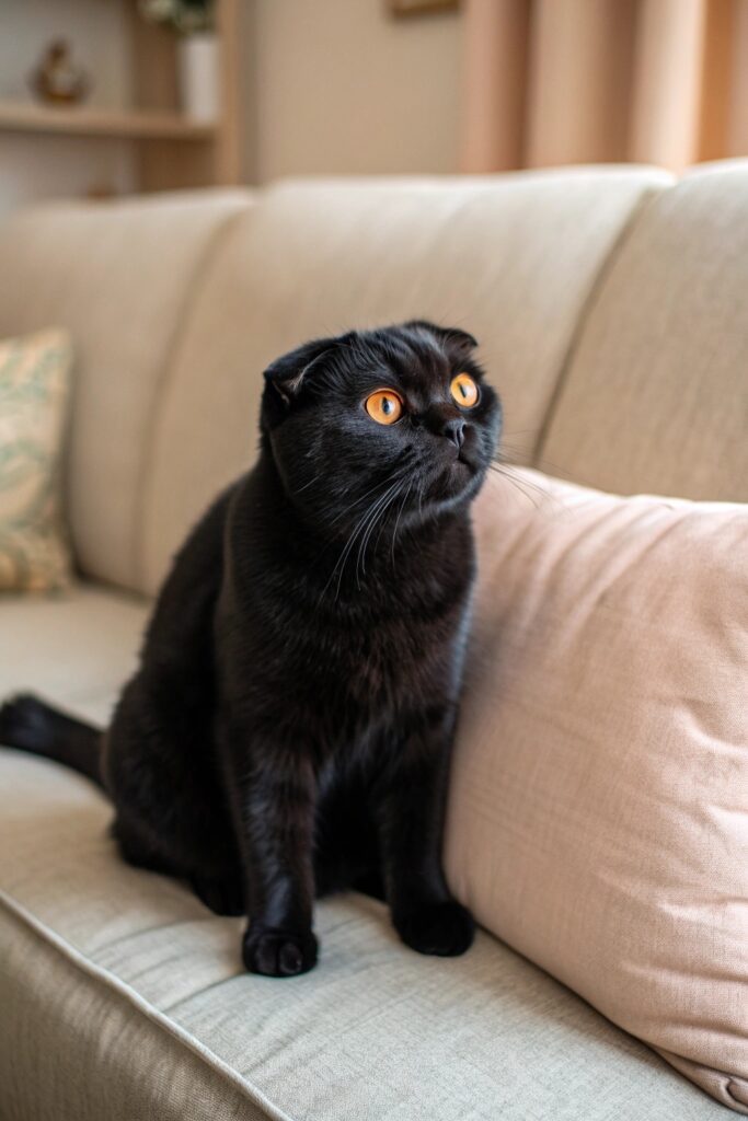 Black Scottish Fold cat lying peacefully on a bed, its folded ears adding to its sweet expression.
