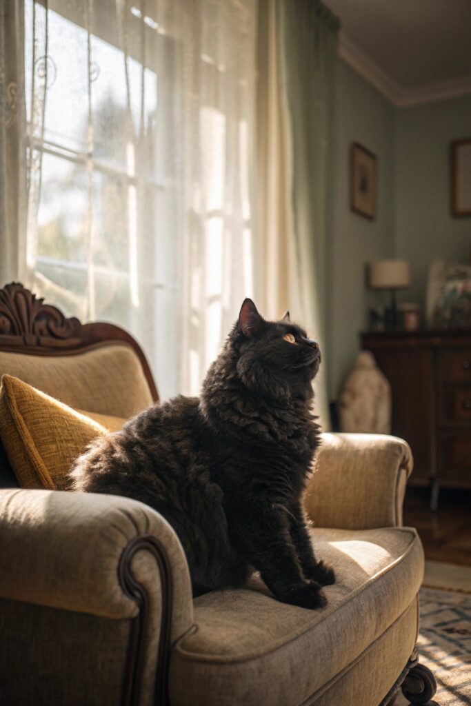 Black Selkirk Rex cat with thick curly fur resting on an armchair in warm afternoon light.