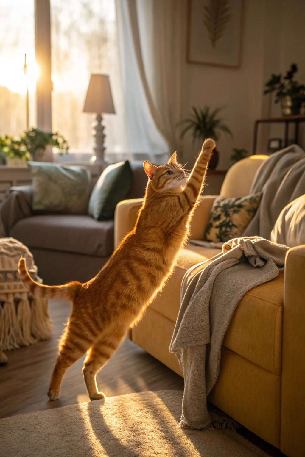 Orange tabby stretching in morning sunlight with warm amber glow and cheerful vibe.
