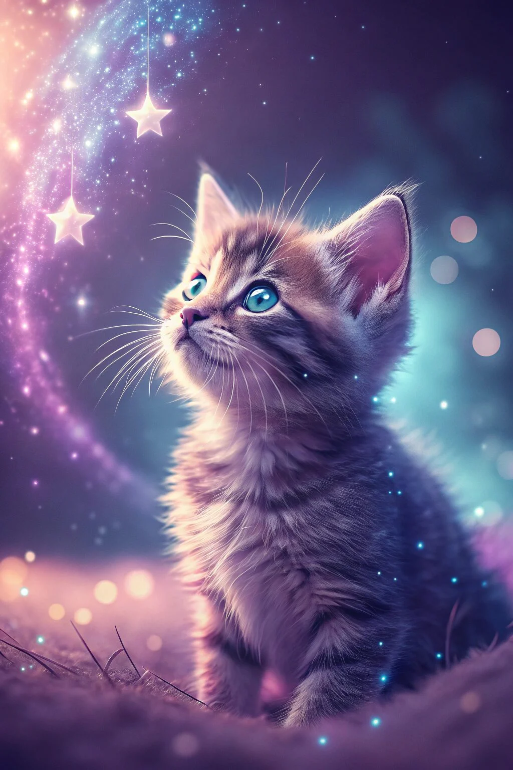 Starry-eyed kitten surrounded by sparkles and galaxy tones of purple and blue.