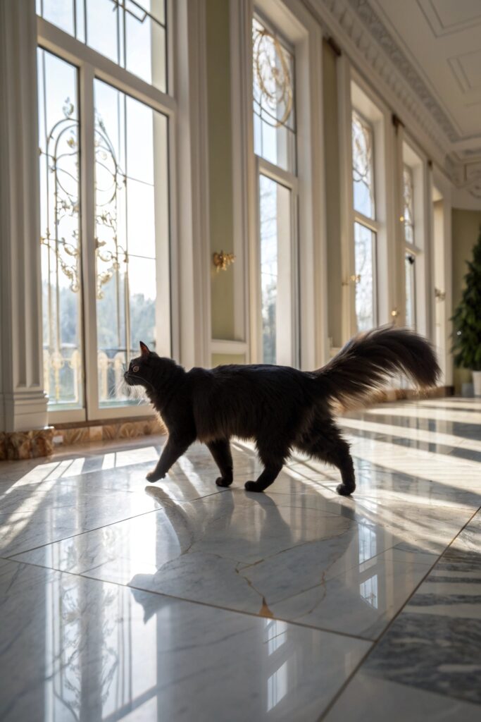 Sleek black Turkish Angora cat standing elegantly on marble flooring, tail arched gracefully.