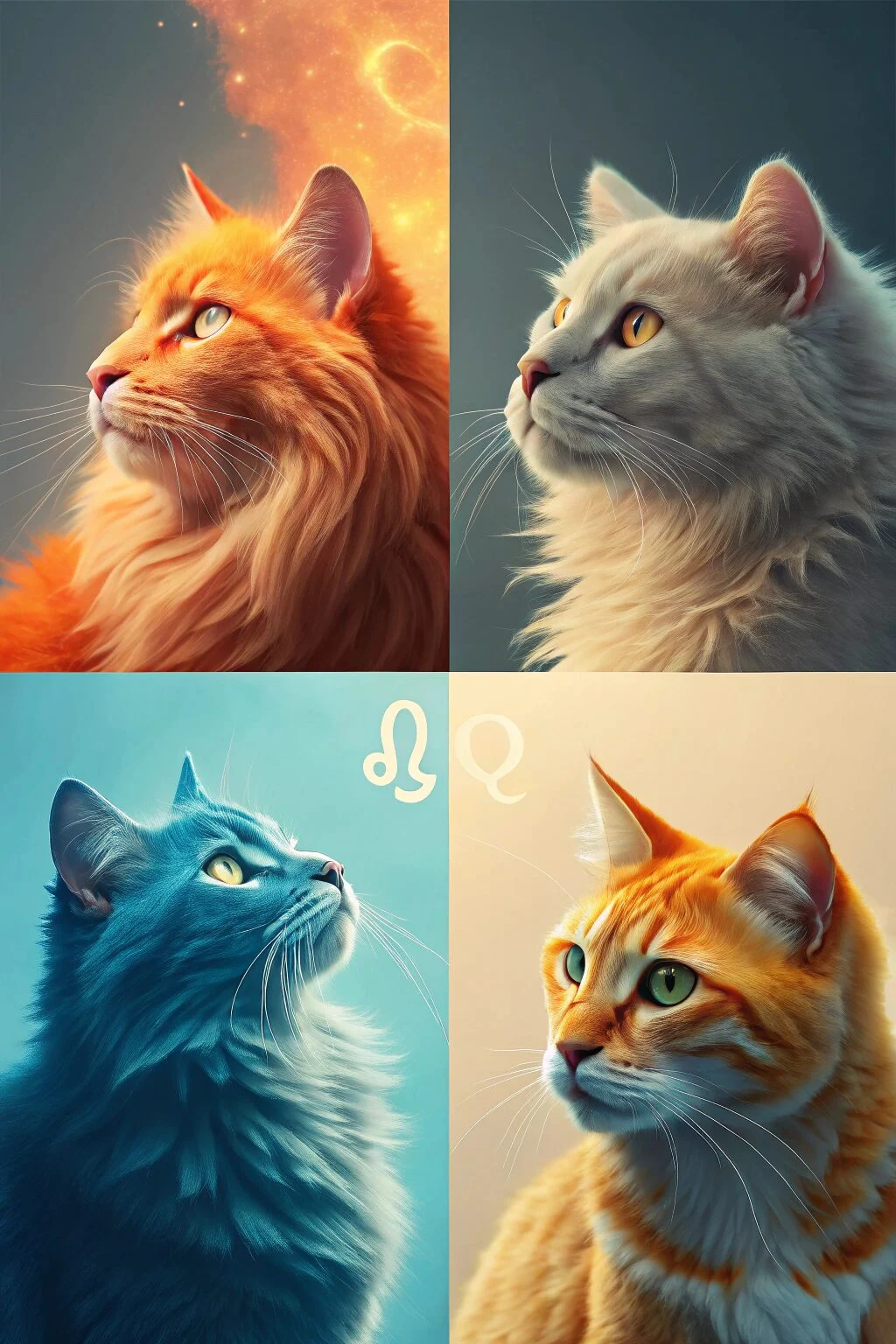 Artistic zodiac cat portraits styled for each astrological sign with elegant minimalist backgrounds.