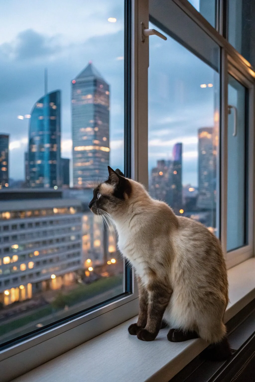 Graceful Siamese cat with cream body and dark points, sitting on a windowsill overlooking the city, affectionate and vocal breed