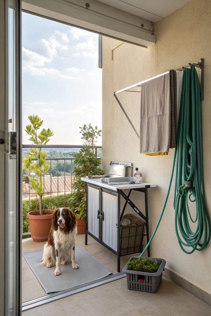 Outdoor balcony dog grooming station with portable table, weatherproof storage, and privacy screen