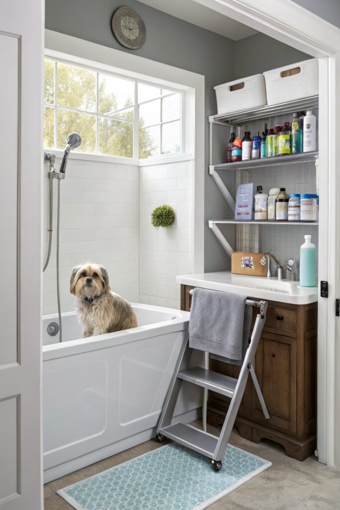 Guest bathroom with dual-purpose dog grooming setup including fold-out table and handheld sprayer