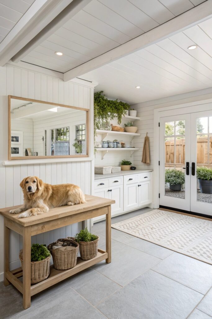Bright white garage dog grooming room conversion with natural wood accents and glass-front cabinets