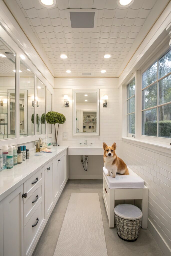 All-white basement dog grooming haven with glass-front cabinets and daylight LED bulbs