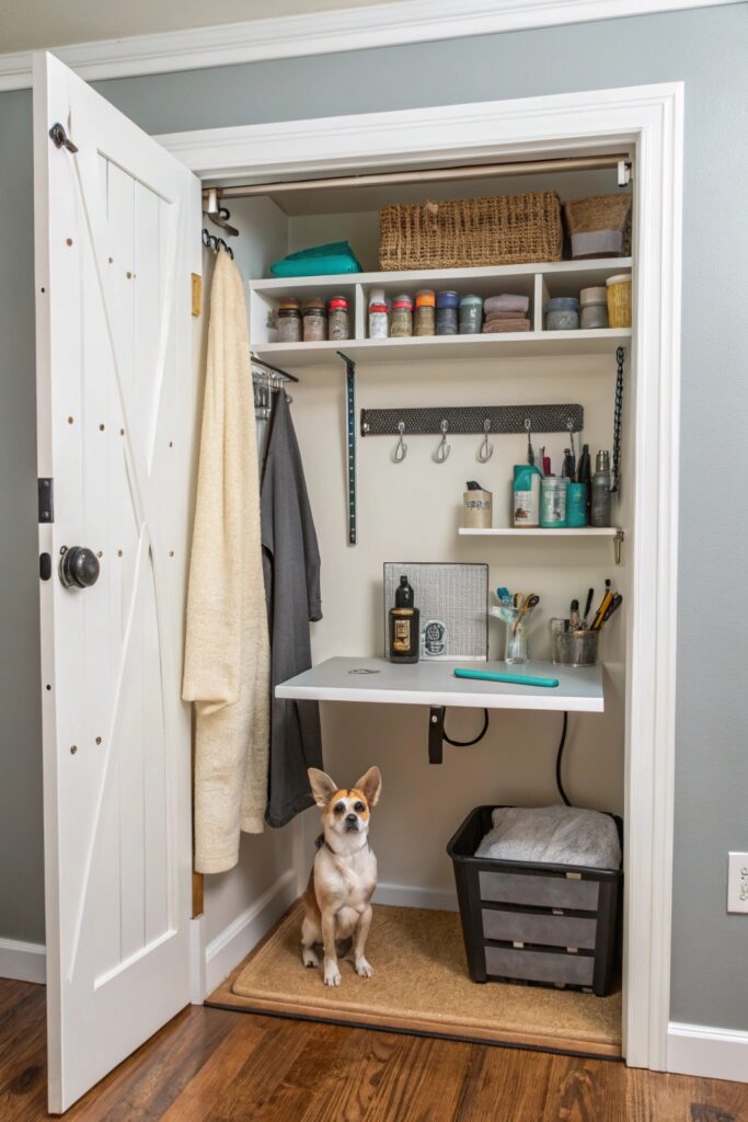Small closet converted to compact dog grooming station with wall-mounted fold-down table and organizers