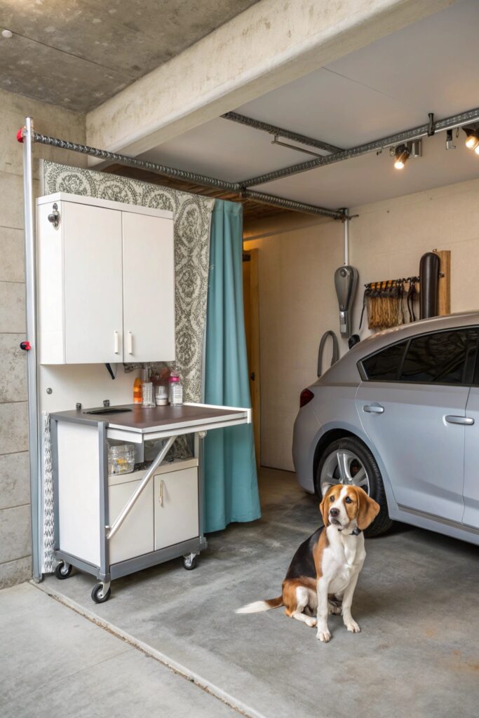 Space-saving garage corner dog grooming station with fold-up table and portable washing equipment
