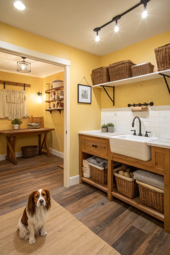 Cozy cottage-style basement dog grooming room with warm yellow walls and wooden shelving