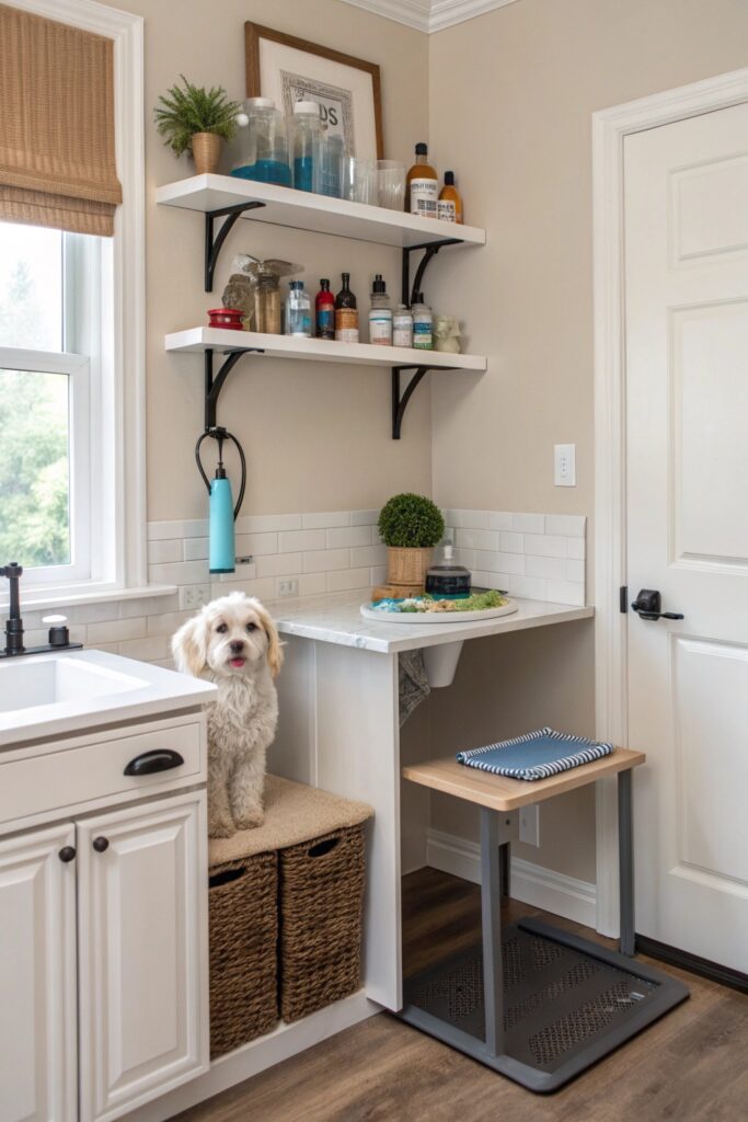 Kitchen nook dog grooming station with console table and seamlessly integrated storage solutions