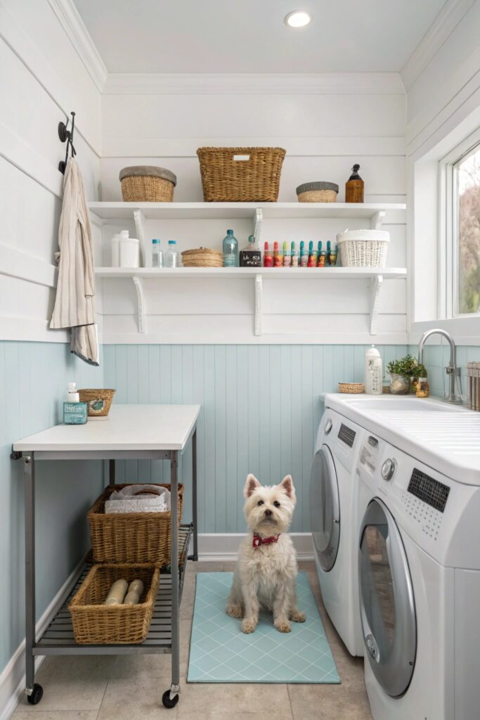 Laundry room corner converted to dog grooming station with wall-mounted table and floating shelves