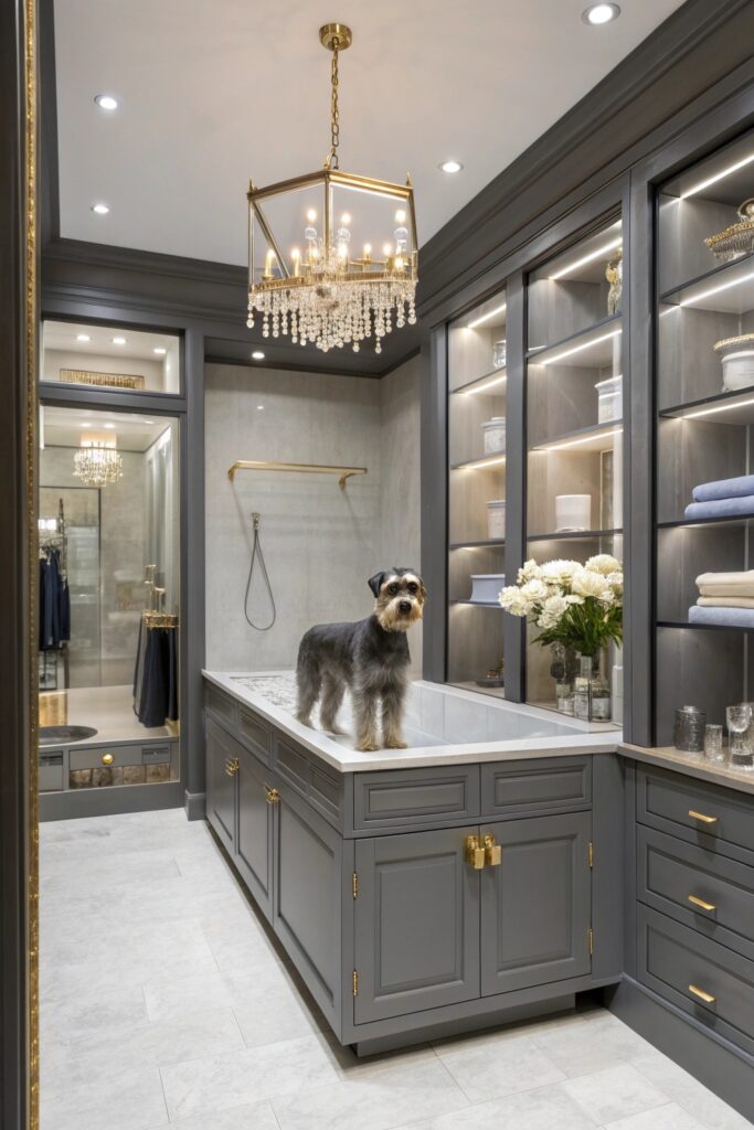 High-end boutique style dog grooming salon at home with navy cabinetry and gold hardware accents
