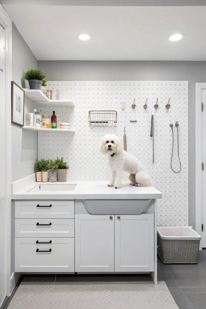 Minimalist white dog grooming room with clean lines, hidden storage, and contemporary fixtures