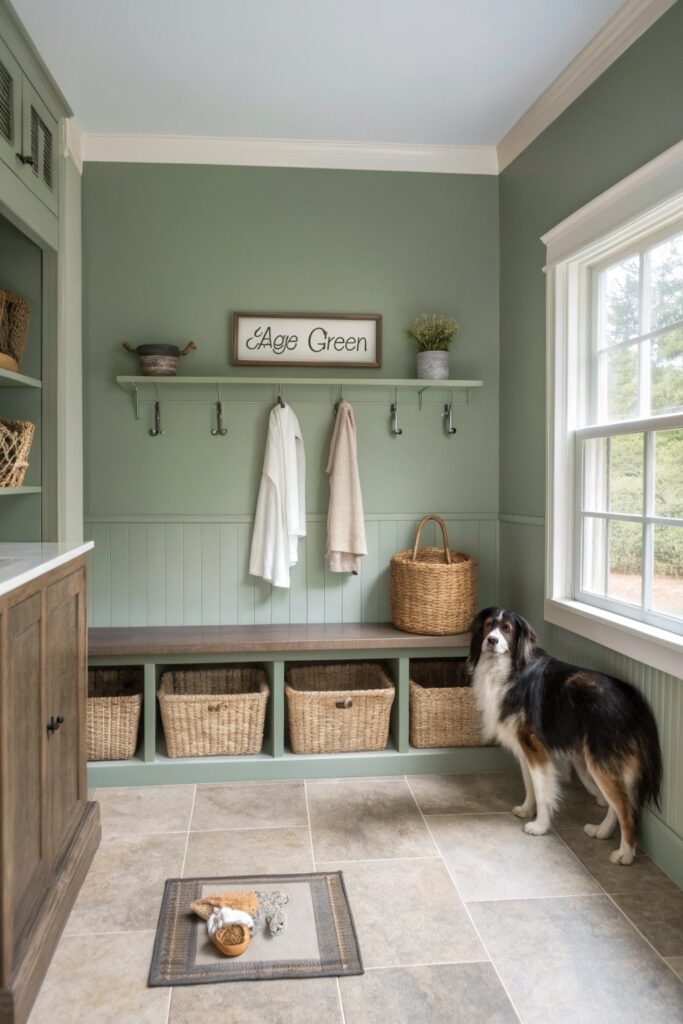 Mudroom dog grooming area with elevated washing station, storage cubbies, and sage green accent wall