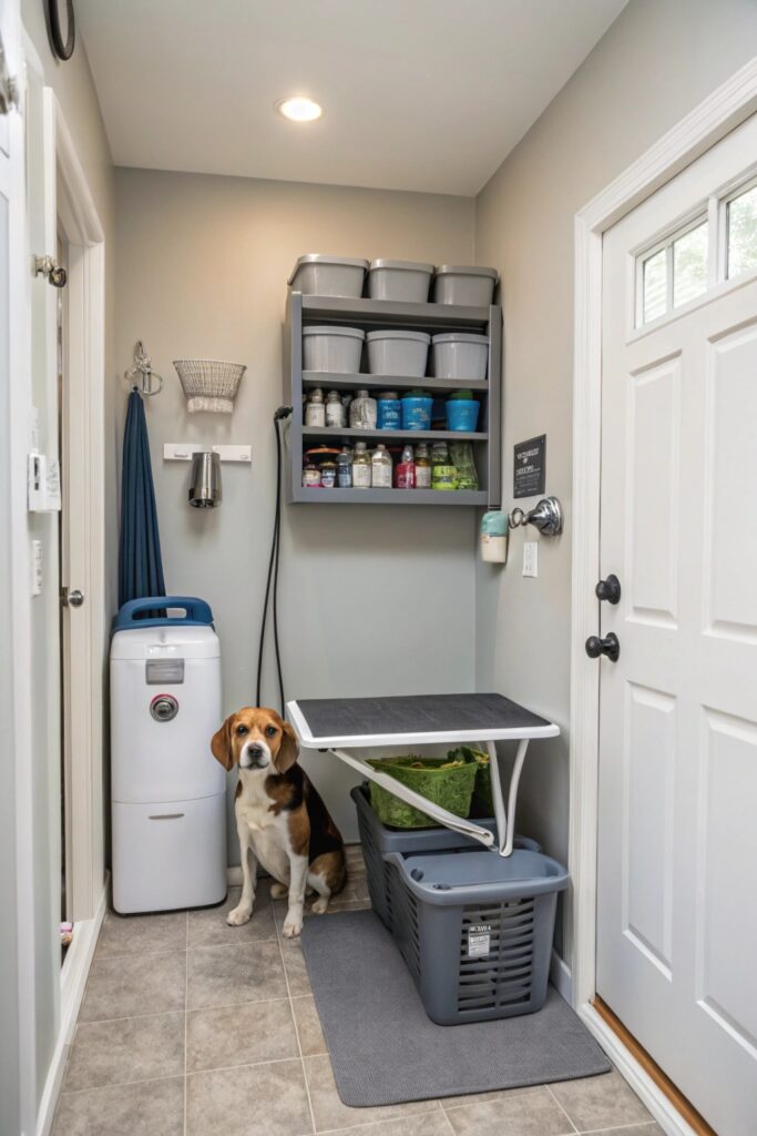 Multi-purpose utility room with wall-mounted folding dog grooming table and efficient storage