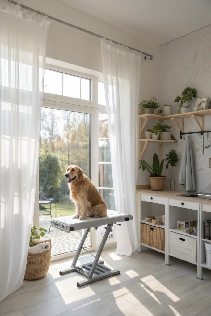 Naturally lit dog grooming room with large windows, neutral colors, and plants on windowsills