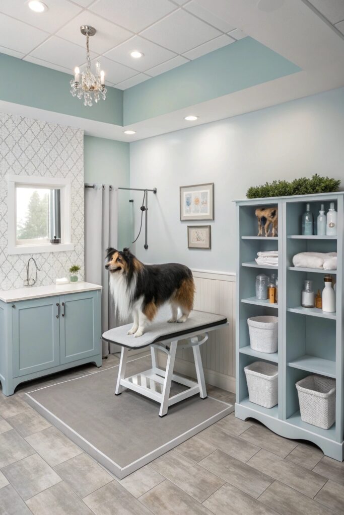 Spa-inspired home dog grooming room with chandelier lighting, floating shelves, and luxury vinyl flooring