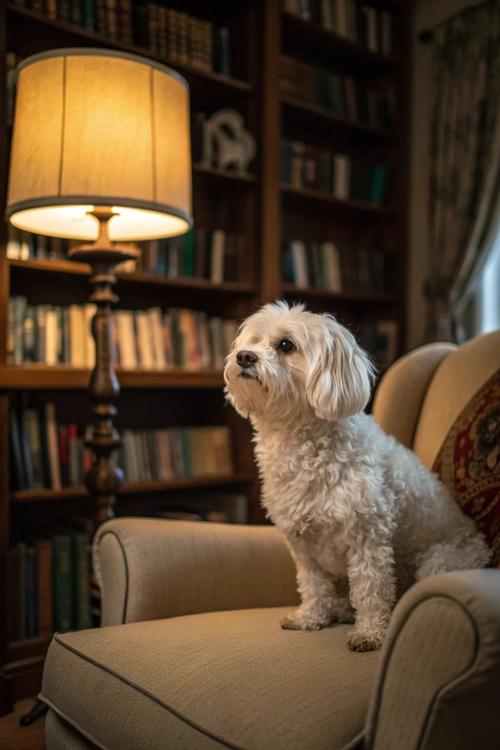 Bolognese calm small dog breed known for quiet devoted nature