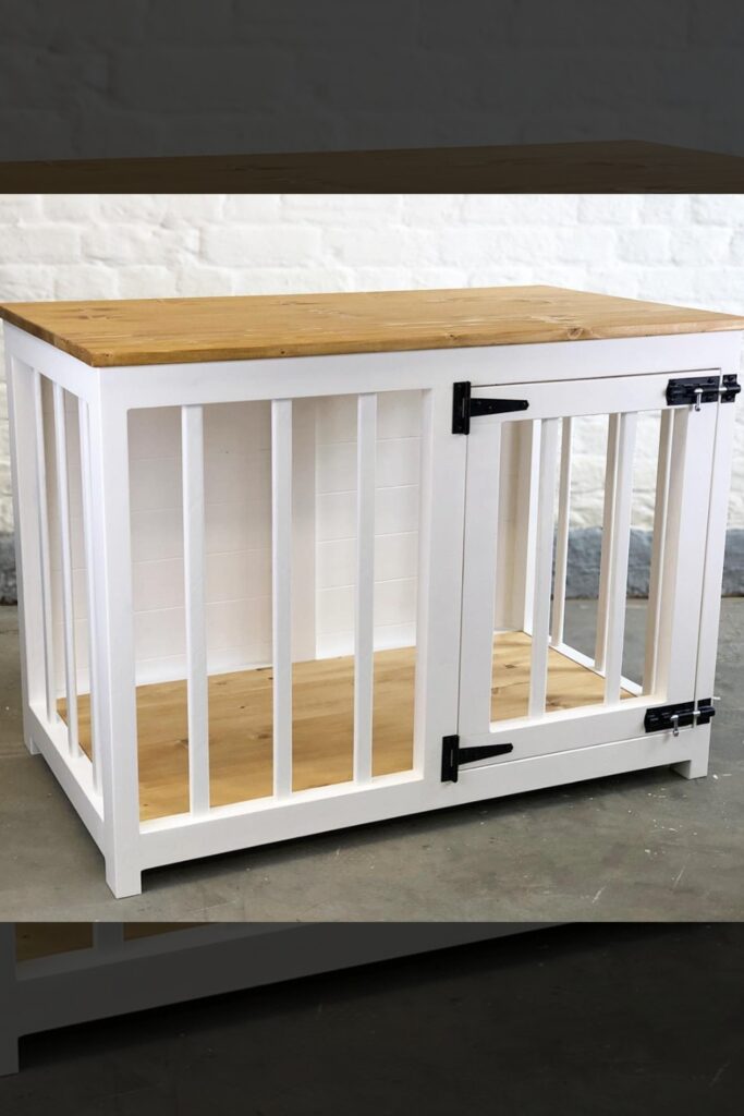 Classic white dog crate furniture with knotty pine top