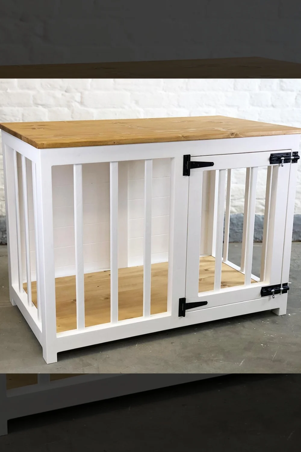 Classic white dog crate furniture with knotty pine top