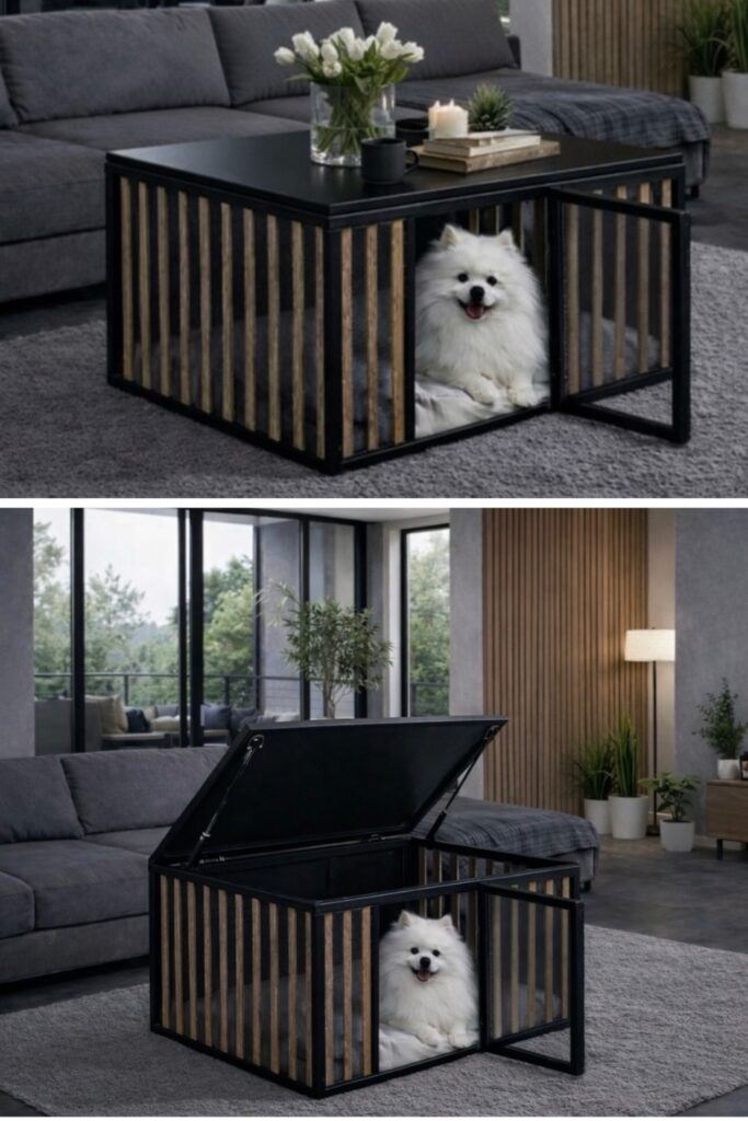 Industrial black steel and wood coffee table dog crate with lift top lid — two views