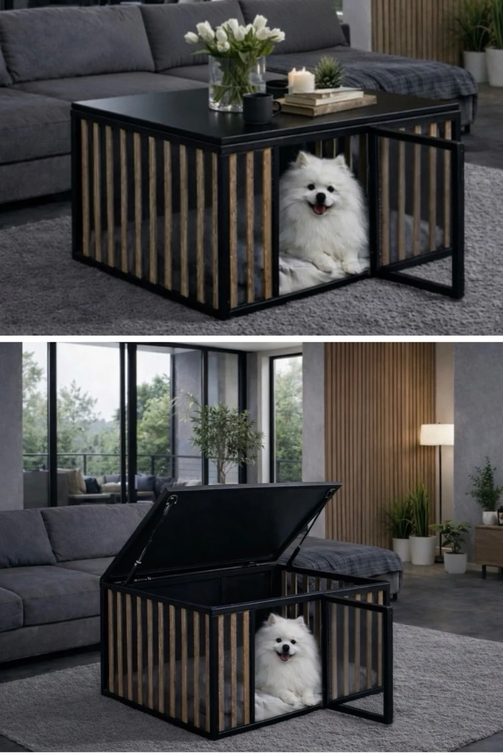 Industrial black steel and wood coffee table dog crate with lift top lid — two views