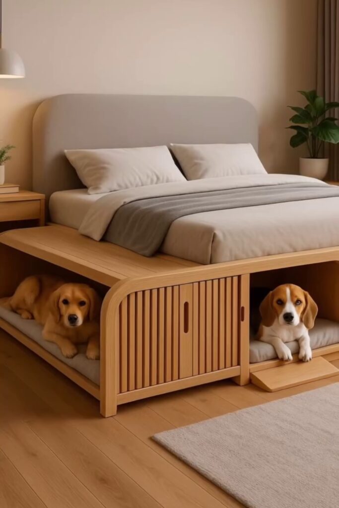 Japandi platform bed with two slatted under bed dog kennel bays and wooden step ramp