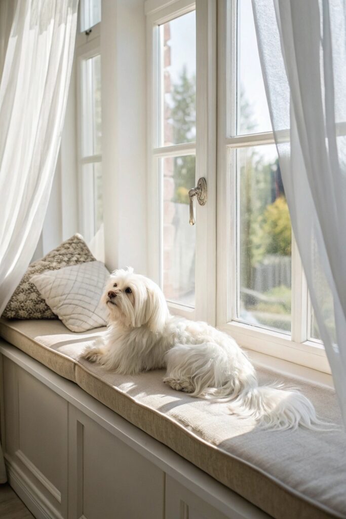 Maltese calm small dog with silky white coat in natural light