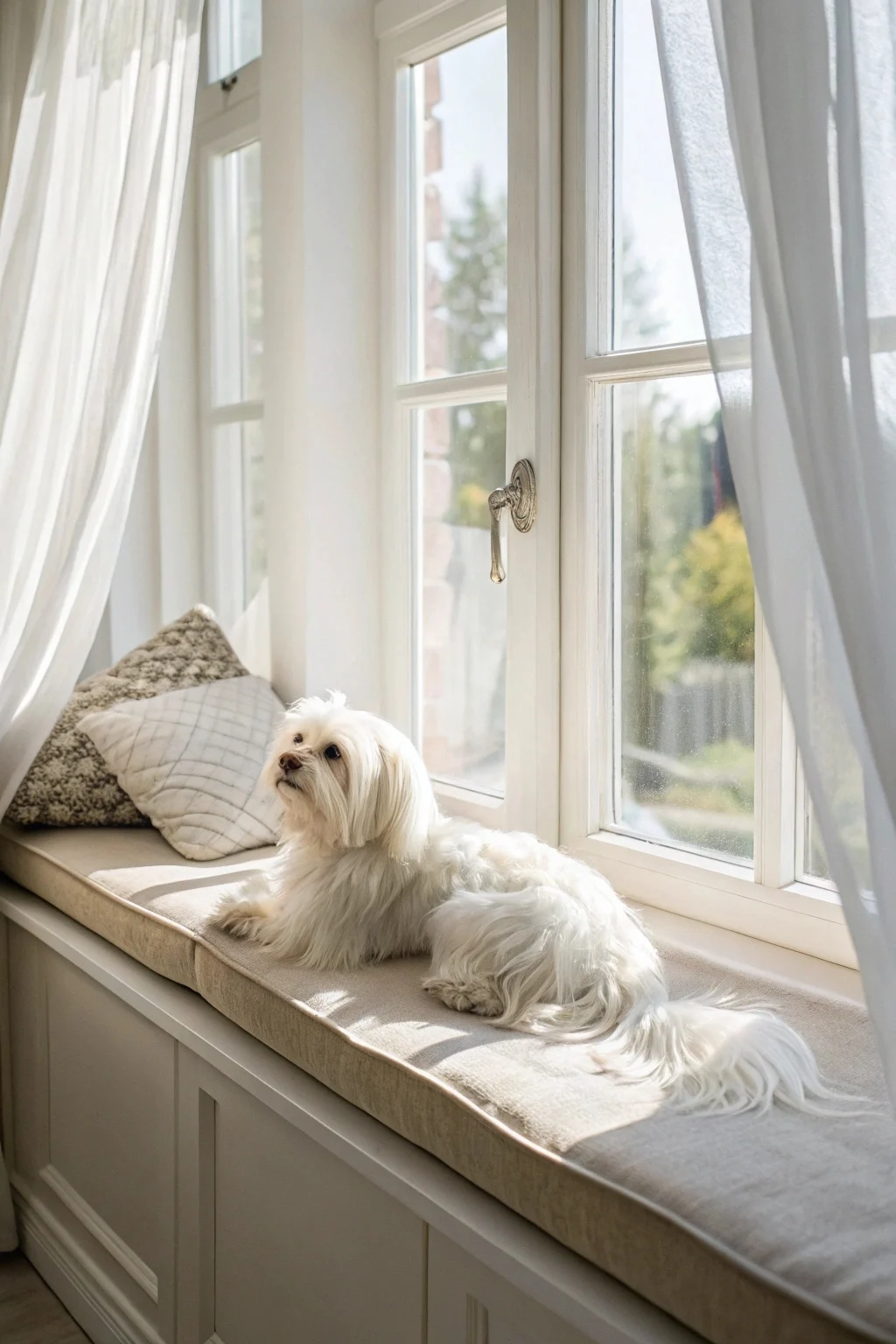 Maltese calm small dog with silky white coat in natural light
