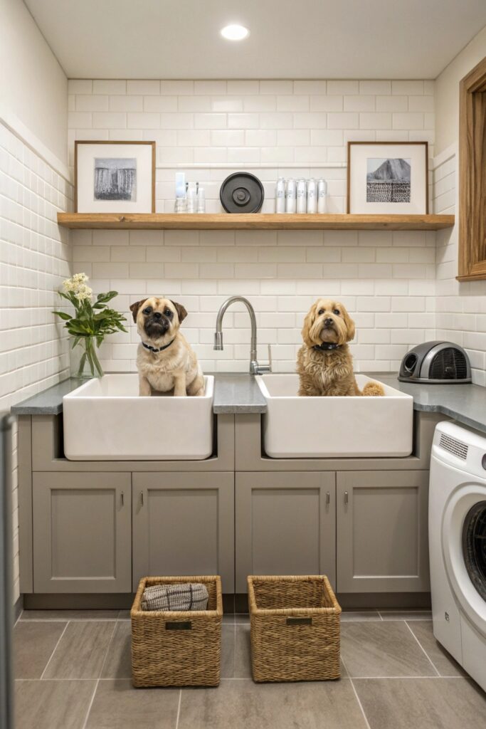 Matching Double Dog Bath Stations Built Into Laundry Counter