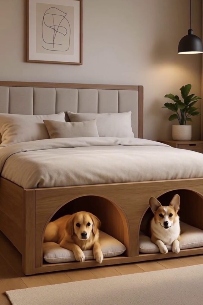 Modern platform bed with dual arched dog den openings built into the wooden base
