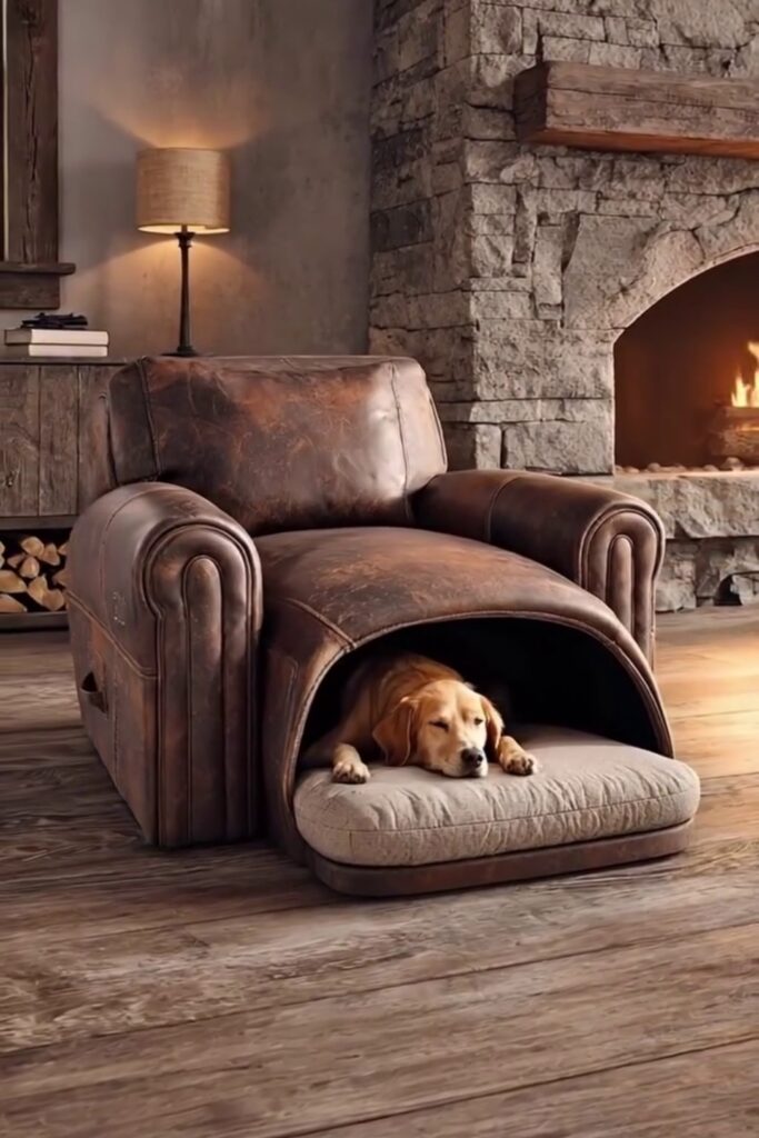 Rustic leather armchair with built-in dog den underneath — hidden dog kennel furniture idea