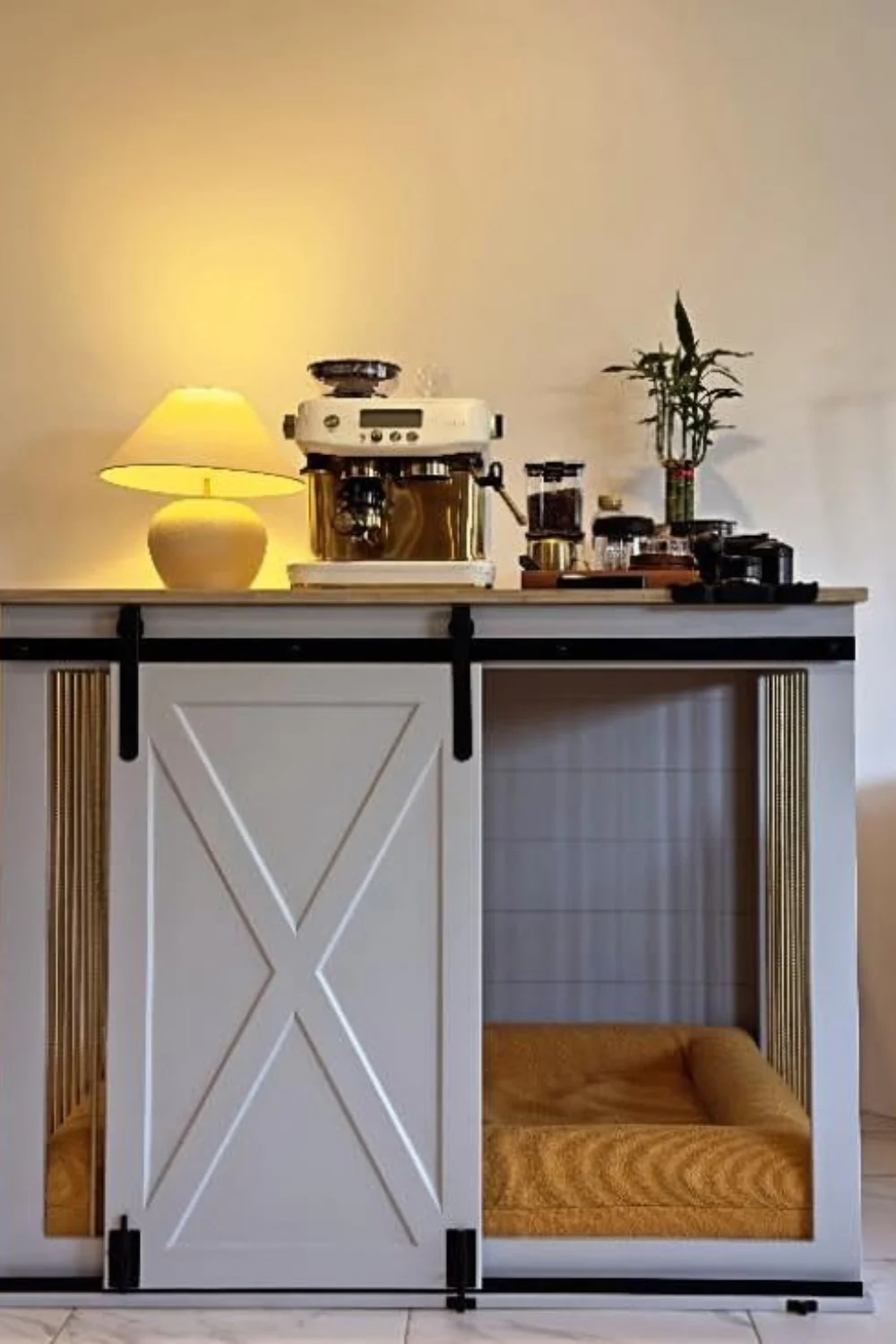 White farmhouse dog kennel console