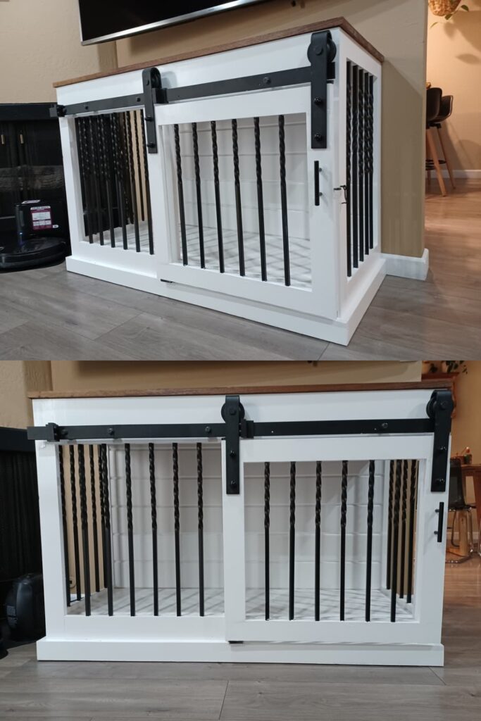 White farmhouse dog kennel furniture with twisted iron bars and full face sliding barn door