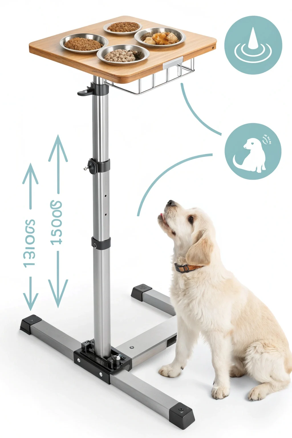 Adjustable height dog feeding station with telescoping legs showing puppy and adult dog at different heights