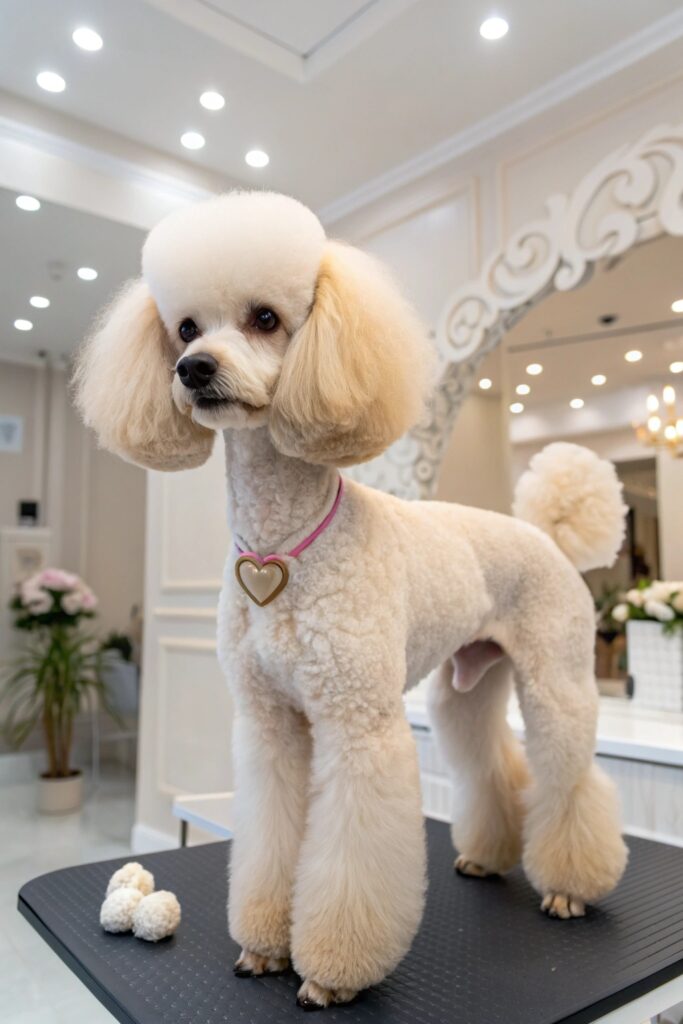 Small Poodle with artistic Asian fusion grooming showing sculpted styling