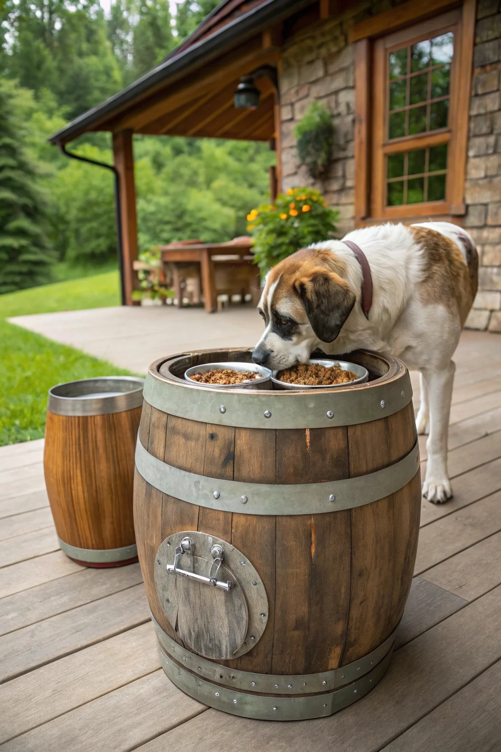 Rustic wooden wine barrel cut and repurposed as dog feeding station with large dog eating in outdoor patio setting