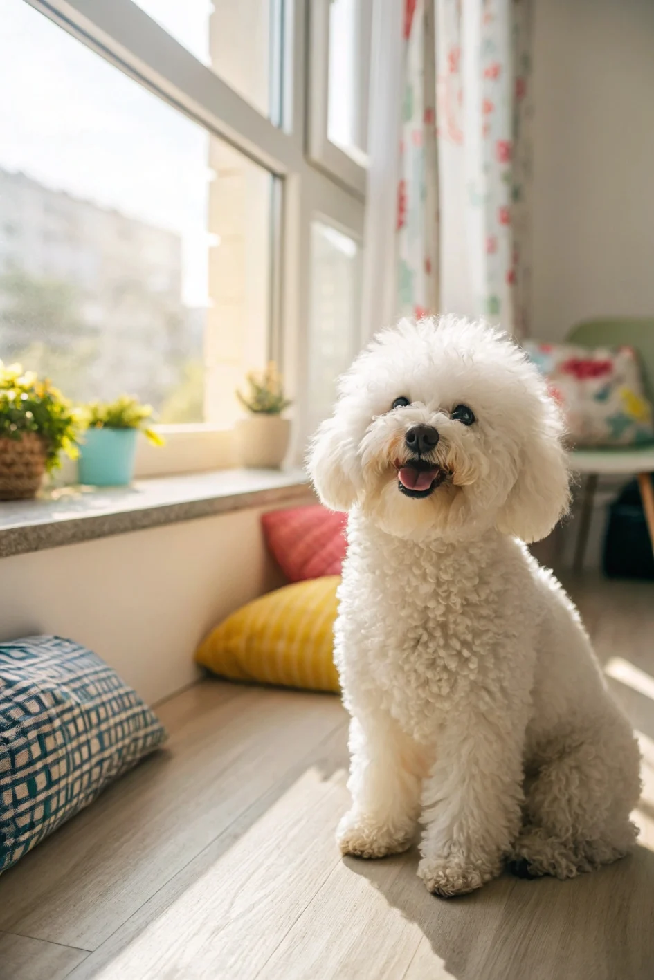 White fluffy Bichon Frise with powder-puff coat sitting cheerfully in sunny apartment interior