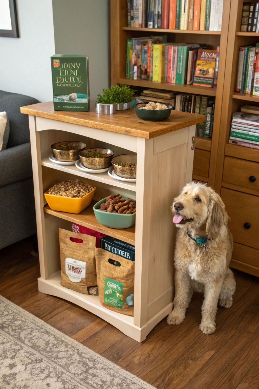 Compact bookshelf repurposed as dual-function dog feeding station with bowls on top and food storage on shelves